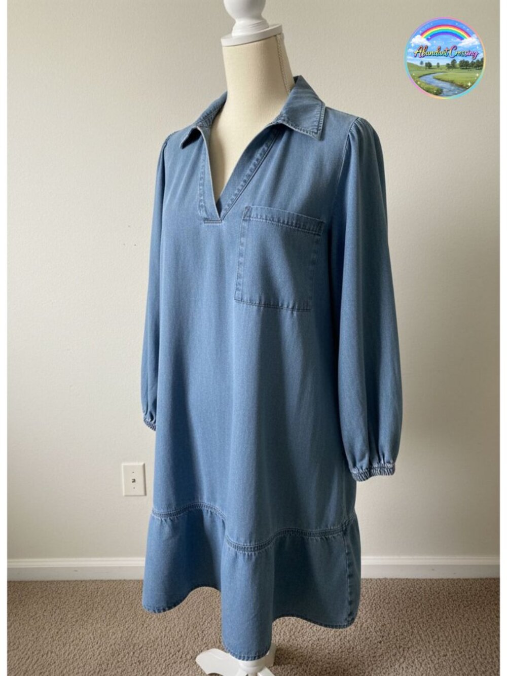 Dokotoo Denim Babydoll Dress 3/4 Puff Sleeve V-Neck Fit & Flare